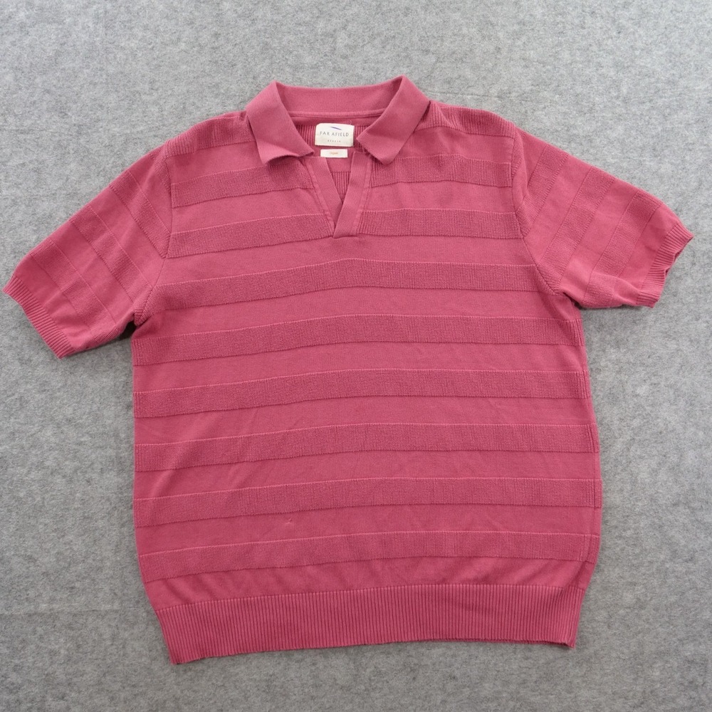 Far Afield Polo Shirt Mens Extra Large 4 Pink Knit Striped Short Sleeve Organic